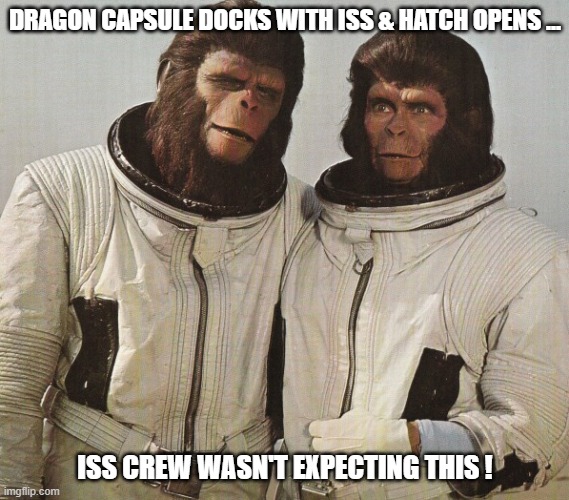 SpaceX Crew Enters ISS | DRAGON CAPSULE DOCKS WITH ISS & HATCH OPENS ... ISS CREW WASN'T EXPECTING THIS ! | image tagged in funny memes | made w/ Imgflip meme maker