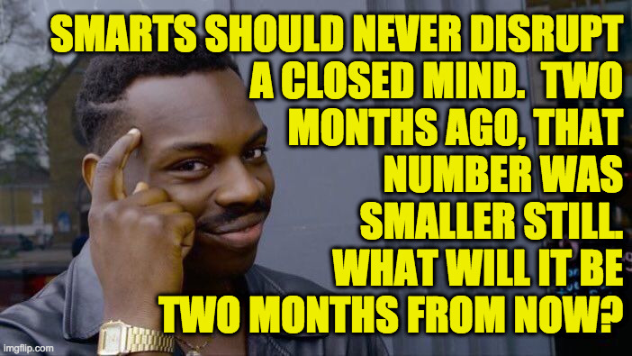Roll Safe Think About It Meme | SMARTS SHOULD NEVER DISRUPT
A CLOSED MIND.  TWO
MONTHS AGO, THAT
NUMBER WAS
SMALLER STILL.
WHAT WILL IT BE
TWO MONTHS FROM NOW? | image tagged in memes,roll safe think about it | made w/ Imgflip meme maker