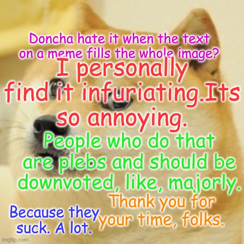 Doge Meme | Doncha hate it when the text on a meme fills the whole image? I personally find it infuriating.Its so annoying. People who do that are plebs and should be downvoted, like, majorly. Thank you for your time, folks. Because they suck. A lot. | image tagged in memes,doge | made w/ Imgflip meme maker