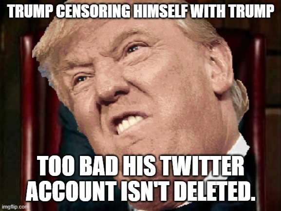 Trump's face over Trump | TRUMP CENSORING HIMSELF WITH TRUMP; TOO BAD HIS TWITTER ACCOUNT ISN'T DELETED. | image tagged in donald trump | made w/ Imgflip meme maker