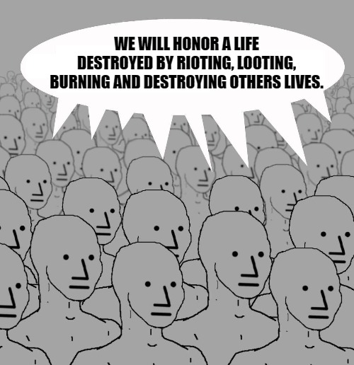 NPC Rioters | WE WILL HONOR A LIFE DESTROYED BY RIOTING, LOOTING, BURNING AND DESTROYING OTHERS LIVES. | image tagged in npc,ConservativeMemes | made w/ Imgflip meme maker
