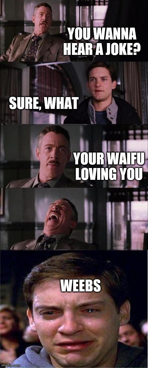 Peter Parker Cry | YOU WANNA HEAR A JOKE? SURE, WHAT; YOUR WAIFU LOVING YOU; WEEBS | image tagged in memes,peter parker cry | made w/ Imgflip meme maker