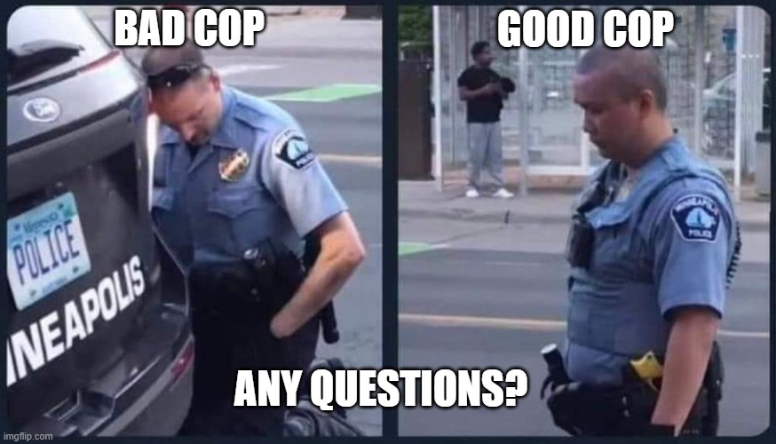 Bad Cop/Good Cop | GOOD COP; BAD COP; ANY QUESTIONS? | image tagged in cops,dirty cops | made w/ Imgflip meme maker