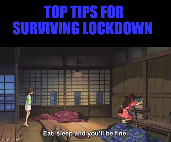 TOP TIPS FOR SURVIVING LOCKDOWN | image tagged in spirited away,stay home stay safe,simple | made w/ Imgflip meme maker