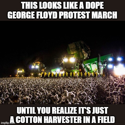 Protesters | THIS LOOKS LIKE A DOPE GEORGE FLOYD PROTEST MARCH; UNTIL YOU REALIZE IT'S JUST A COTTON HARVESTER IN A FIELD | image tagged in protesters,blm,black lives matter,crowd of people | made w/ Imgflip meme maker