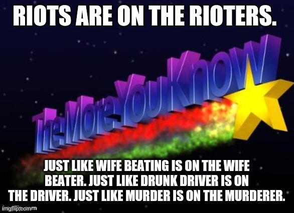 For The Liberals In the Back: It's Called Personal Responsibility | RIOTS ARE ON THE RIOTERS. JUST LIKE WIFE BEATING IS ON THE WIFE BEATER. JUST LIKE DRUNK DRIVER IS ON THE DRIVER. JUST LIKE MURDER IS ON THE MURDERER. | image tagged in the more you know,liberal logic,riots,responsibility,politics | made w/ Imgflip meme maker
