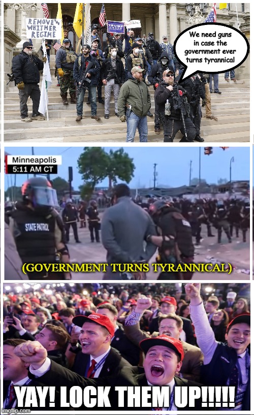 Go Daddy Trump | We need guns in case the government ever turns tyrannical; (GOVERNMENT TURNS TYRANNICAL); YAY! LOCK THEM UP!!!!! | image tagged in go daddy trump | made w/ Imgflip meme maker