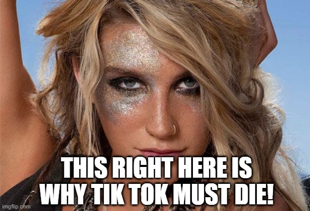 Her Annoying Damn Song!!! | THIS RIGHT HERE IS WHY TIK TOK MUST DIE! | image tagged in kesha glitter | made w/ Imgflip meme maker