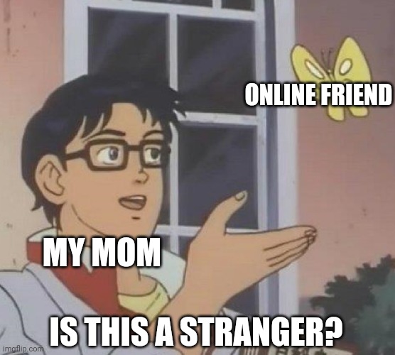 This one's for the bois who have to deal with overprotective moms | ONLINE FRIEND; MY MOM; IS THIS A STRANGER? | image tagged in memes,is this a pigeon,funny,moms,pigeons,mom | made w/ Imgflip meme maker