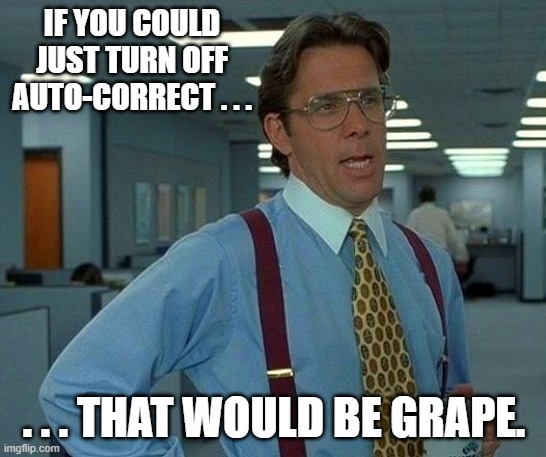 That Would Be Great | IF YOU COULD JUST TURN OFF AUTO-CORRECT . . . . . . THAT WOULD BE GRAPE. | image tagged in memes,that would be great | made w/ Imgflip meme maker