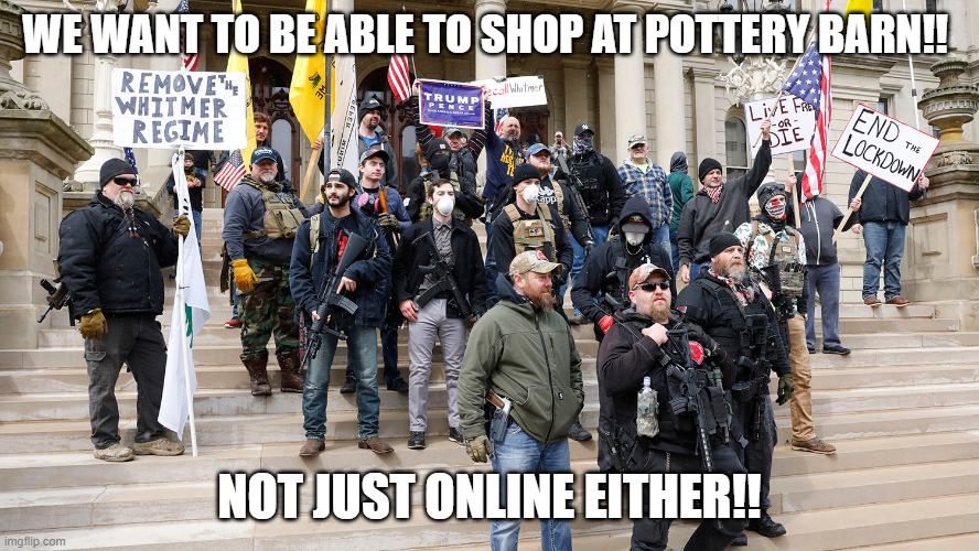 WE WANT TO BE ABLE TO SHOP AT POTTERY BARN!! NOT JUST ONLINE EITHER!! | image tagged in libertarian | made w/ Imgflip meme maker