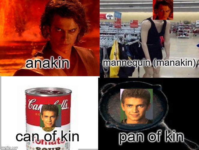 the four anakins | anakin; mannequin (manakin); can of kin; pan of kin | image tagged in anakin skywalker | made w/ Imgflip meme maker