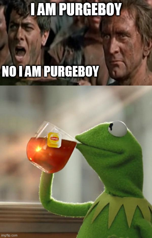 I AM PURGEBOY; NO I AM PURGEBOY | image tagged in memes,but that's none of my business,sparticus | made w/ Imgflip meme maker
