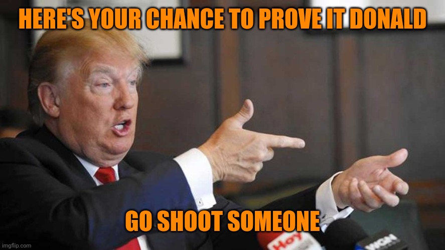 Trump Shoots | HERE'S YOUR CHANCE TO PROVE IT DONALD; GO SHOOT SOMEONE | image tagged in trump shoots | made w/ Imgflip meme maker