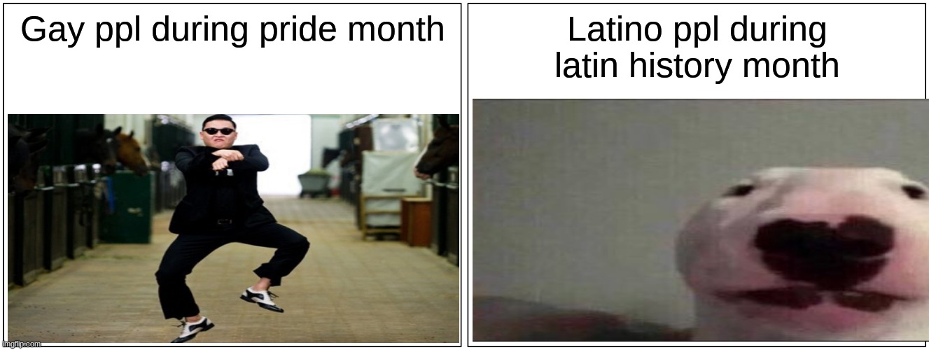 Its true, gay ppl act like they better then all of us when latin ppl act normal during latin history month | Gay ppl during pride month; Latino ppl during latin history month | image tagged in memes,blank comic panel 2x1 | made w/ Imgflip meme maker