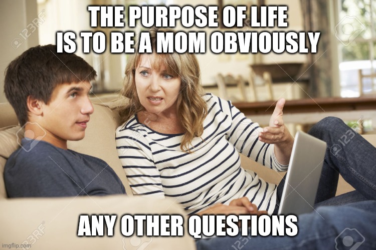 Mother and son | THE PURPOSE OF LIFE IS TO BE A MOM OBVIOUSLY; ANY OTHER QUESTIONS | image tagged in mother and son | made w/ Imgflip meme maker
