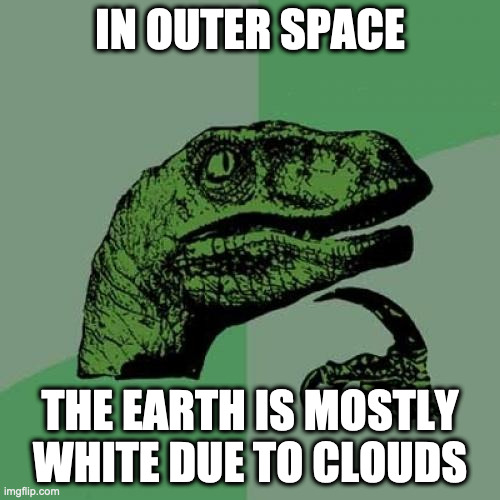 Mind Frick | IN OUTER SPACE; THE EARTH IS MOSTLY WHITE DUE TO CLOUDS | image tagged in memes,philosoraptor | made w/ Imgflip meme maker