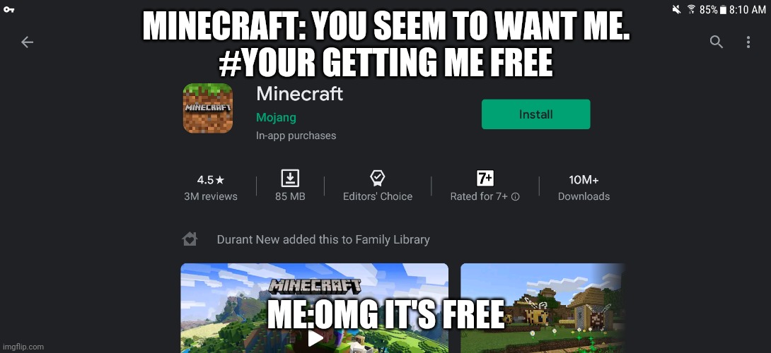 Minecraft (FREEEEEE) | MINECRAFT: YOU SEEM TO WANT ME.
#YOUR GETTING ME FREE; ME:OMG IT'S FREE | image tagged in minecraft,it's free real estate | made w/ Imgflip meme maker