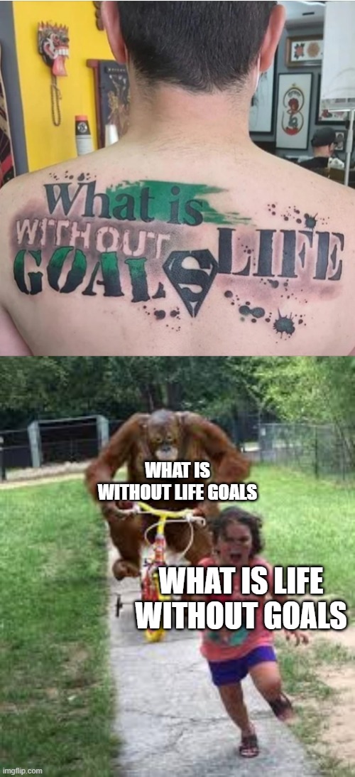 WHAT IS WITHOUT LIFE GOALS; WHAT IS LIFE WITHOUT GOALS | image tagged in monkey chasing little girl | made w/ Imgflip meme maker