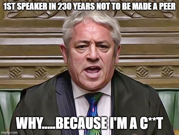John Bercow | 1ST SPEAKER IN 230 YEARS NOT TO BE MADE A PEER; WHY.....BECAUSE I'M A C**T | image tagged in john bercow | made w/ Imgflip meme maker