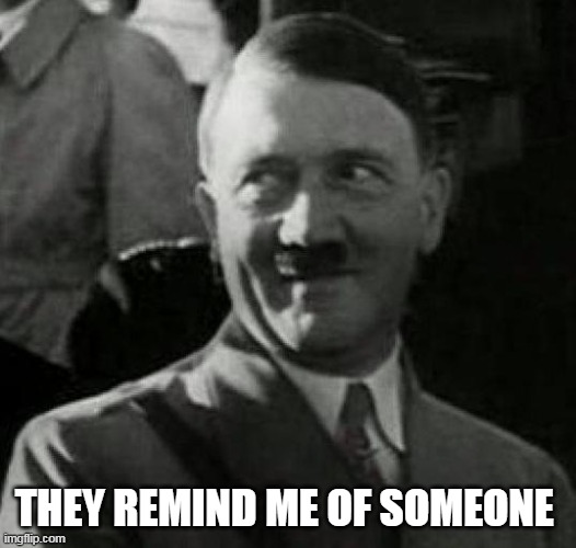 Hitler laugh  | THEY REMIND ME OF SOMEONE | image tagged in hitler laugh | made w/ Imgflip meme maker