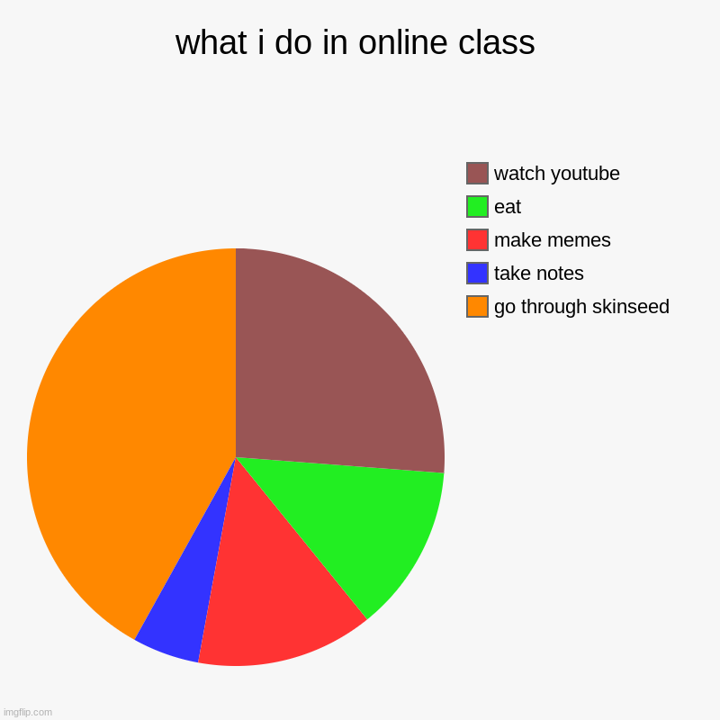 what i do in online class | go through skinseed, take notes, make memes, eat, watch youtube | image tagged in charts,pie charts | made w/ Imgflip chart maker