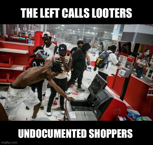 The Left feels better about themselves when they whitewash their terms | THE LEFT CALLS LOOTERS; UNDOCUMENTED SHOPPERS | image tagged in riots,looters,undocumented immigrants | made w/ Imgflip meme maker