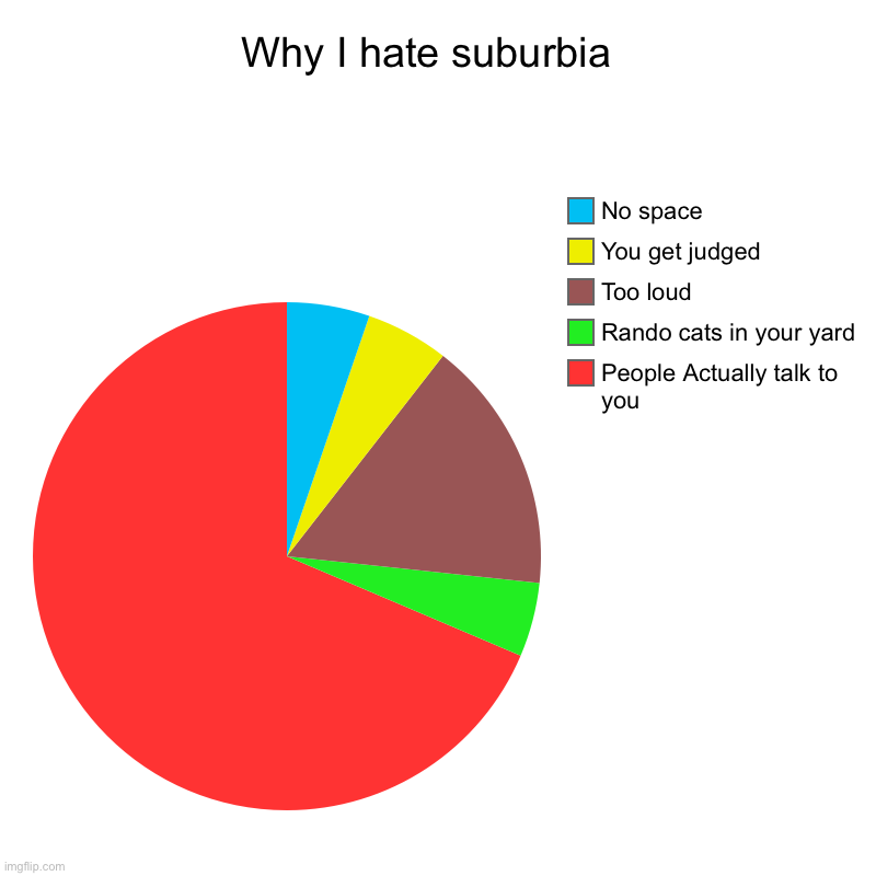 Suburbia | Why I hate suburbia  | People Actually talk to you, Rando cats in your yard, Too loud, You get judged, No space | image tagged in charts,pie charts | made w/ Imgflip chart maker