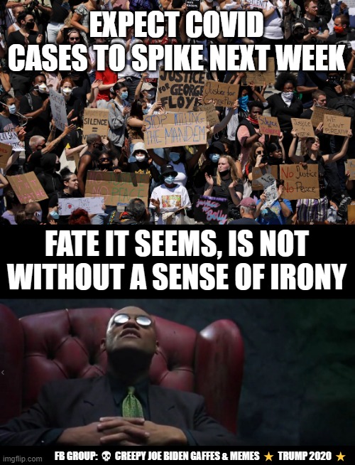 Fate is not without a sense of irony | EXPECT COVID CASES TO SPIKE NEXT WEEK; FATE IT SEEMS, IS NOT WITHOUT A SENSE OF IRONY; FB GROUP: 💀 CREEPY JOE BIDEN GAFFES & MEMES ⭐ TRUMP 2020 ⭐ | image tagged in covid-19,protesters,matrix morpheus,the matrix | made w/ Imgflip meme maker