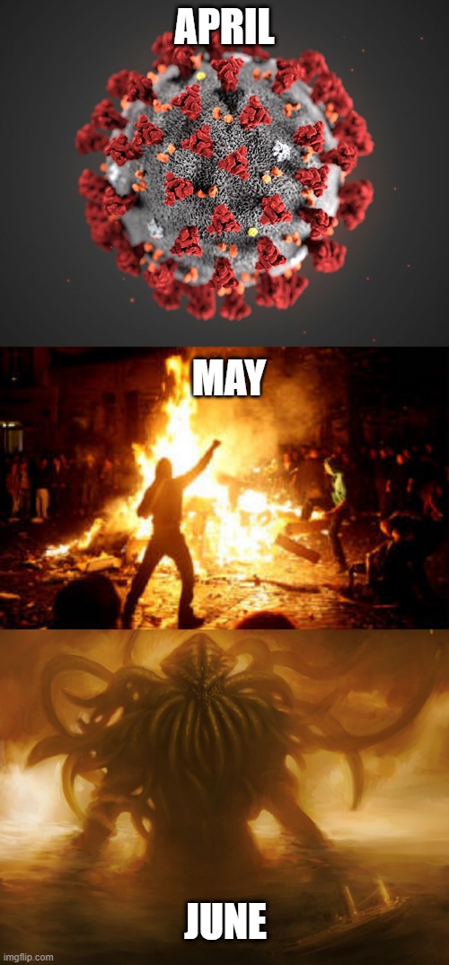 F-ing 2020 | APRIL; MAY; JUNE | image tagged in cthulu,anarchy riot,coronavirus | made w/ Imgflip meme maker