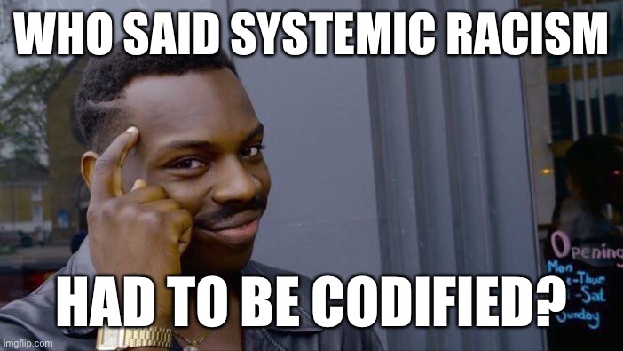 “Systemic racism”: what is it, exactly? Good question! | WHO SAID SYSTEMIC RACISM HAD TO BE CODIFIED? | image tagged in memes,roll safe think about it,racist,racism,police brutality,economy | made w/ Imgflip meme maker