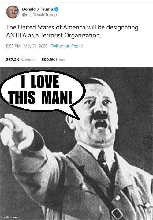 Donald HiTrumpLer | I  LOVE THIS  MAN! | image tagged in memes,hitler,trump,antifa,political meme,terrorist | made w/ Imgflip meme maker