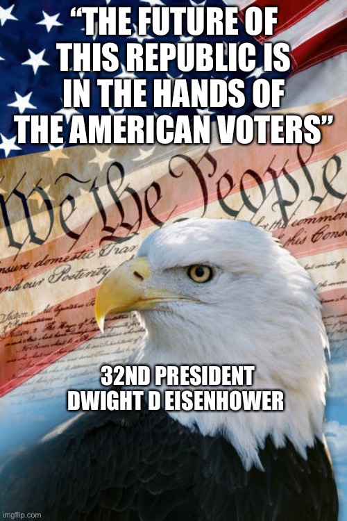 Political quotes | “THE FUTURE OF THIS REPUBLIC IS IN THE HANDS OF THE AMERICAN VOTERS”; 32ND PRESIDENT DWIGHT D EISENHOWER | image tagged in american flag | made w/ Imgflip meme maker