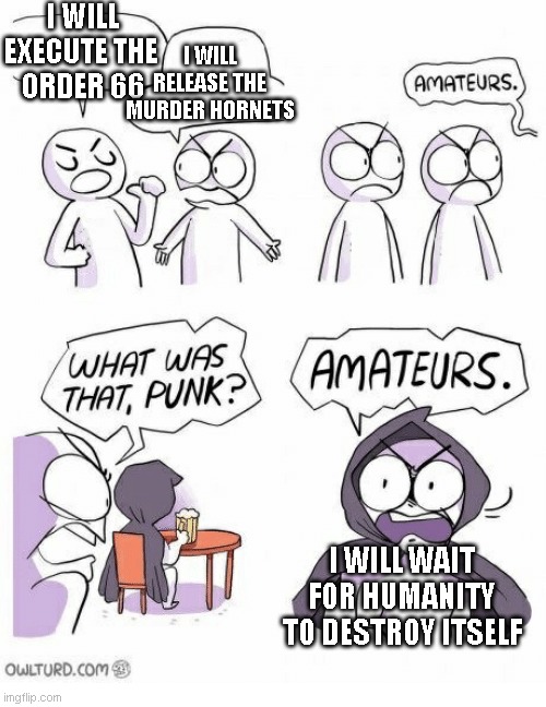 Amateurs | I WILL EXECUTE THE 
ORDER 66; I WILL RELEASE THE MURDER HORNETS; I WILL WAIT FOR HUMANITY TO DESTROY ITSELF | image tagged in amateurs | made w/ Imgflip meme maker