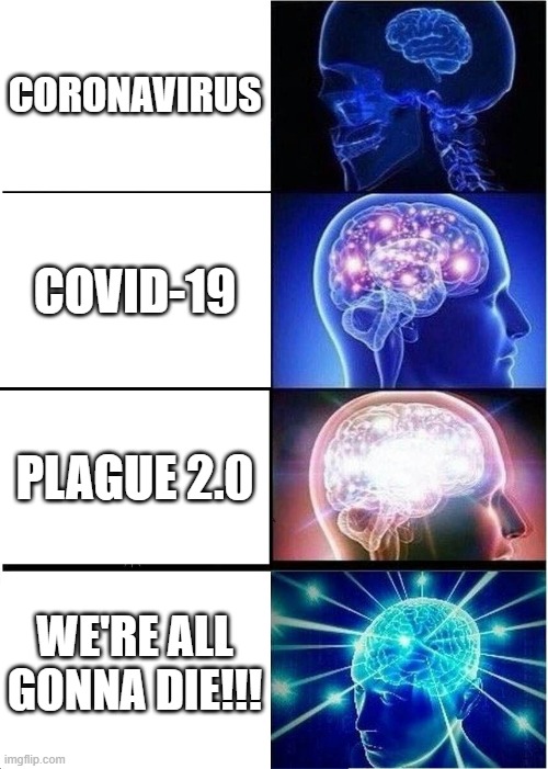 Expanding Brain | CORONAVIRUS; COVID-19; PLAGUE 2.0; WE'RE ALL GONNA DIE!!! | image tagged in memes,expanding brain | made w/ Imgflip meme maker