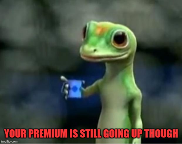 Geico Gecko | YOUR PREMIUM IS STILL GOING UP THOUGH | image tagged in geico gecko | made w/ Imgflip meme maker