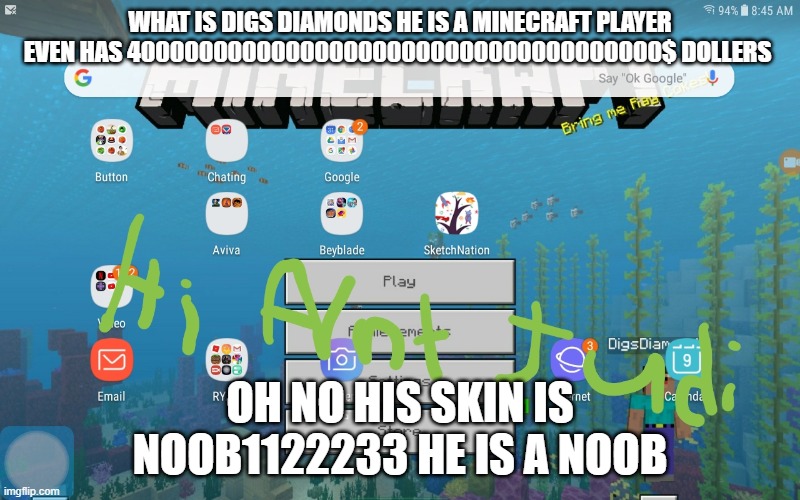 Noob112233 | WHAT IS DIGS DIAMONDS HE IS A MINECRAFT PLAYER EVEN HAS 4000000000000000000000000000000000000$ DOLLERS; OH NO HIS SKIN IS NOOB1122233 HE IS A NOOB | image tagged in minecraft | made w/ Imgflip meme maker