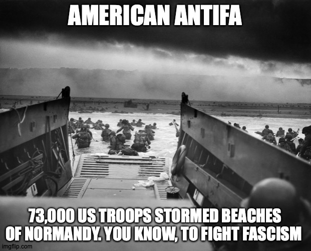 American Antifa | AMERICAN ANTIFA; 73,000 US TROOPS STORMED BEACHES OF NORMANDY. YOU KNOW, TO FIGHT FASCISM | image tagged in american antifa | made w/ Imgflip meme maker