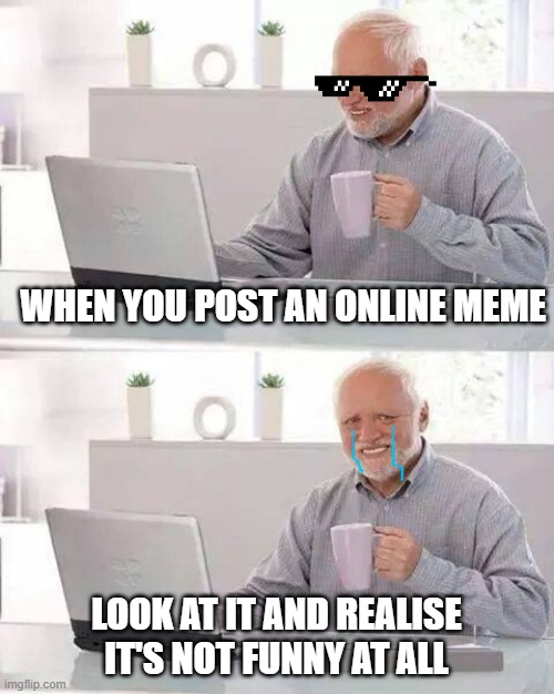 When you realize your meme is trash | WHEN YOU POST AN ONLINE MEME; LOOK AT IT AND REALISE IT'S NOT FUNNY AT ALL | image tagged in memes,hide the pain harold | made w/ Imgflip meme maker