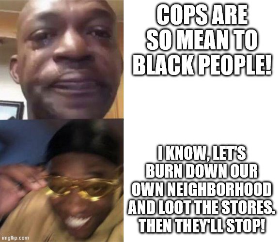 In case it isn't clear, looting and burning will make the cops MORE likely to cross the line. | COPS ARE SO MEAN TO BLACK PEOPLE! I KNOW, LET'S BURN DOWN OUR OWN NEIGHBORHOOD AND LOOT THE STORES. THEN THEY'LL STOP! | image tagged in looting,politics,arson,riots,police brutality | made w/ Imgflip meme maker