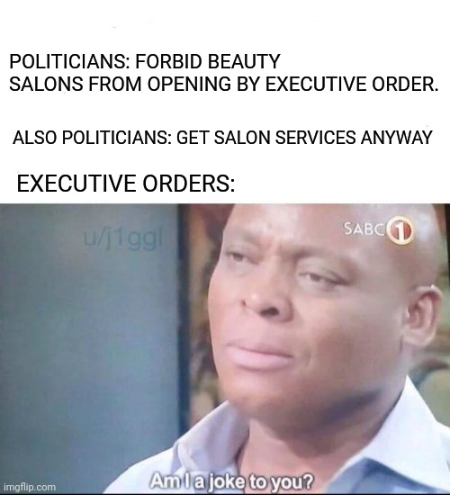 Executive orders | POLITICIANS: FORBID BEAUTY SALONS FROM OPENING BY EXECUTIVE ORDER. ALSO POLITICIANS: GET SALON SERVICES ANYWAY; EXECUTIVE ORDERS: | image tagged in am i a joke to you,politicians,quarantine | made w/ Imgflip meme maker