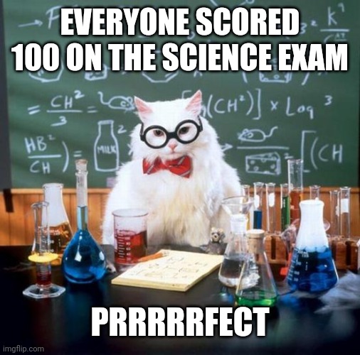 Chemistry Cat | EVERYONE SCORED 100 ON THE SCIENCE EXAM; PRRRRRFECT | image tagged in memes,chemistry cat | made w/ Imgflip meme maker