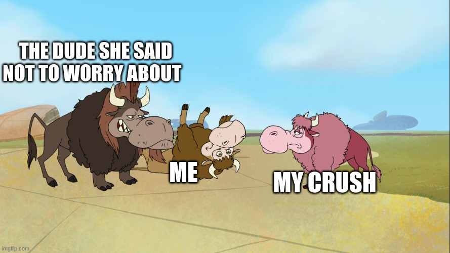THE DUDE SHE SAID NOT TO WORRY ABOUT; ME; MY CRUSH | image tagged in memes | made w/ Imgflip meme maker