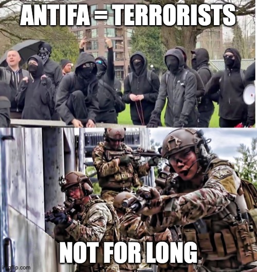 Antifa = Terrorists | ANTIFA = TERRORISTS; NOT FOR LONG | image tagged in antifa,terrorists,special forces,sucked in commos,trump is god | made w/ Imgflip meme maker