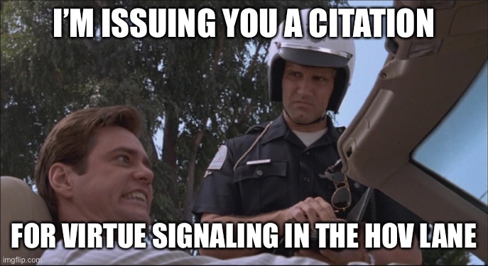 liar liar traffic cop | I’M ISSUING YOU A CITATION; FOR VIRTUE SIGNALING IN THE HOV LANE | image tagged in liar liar traffic cop | made w/ Imgflip meme maker