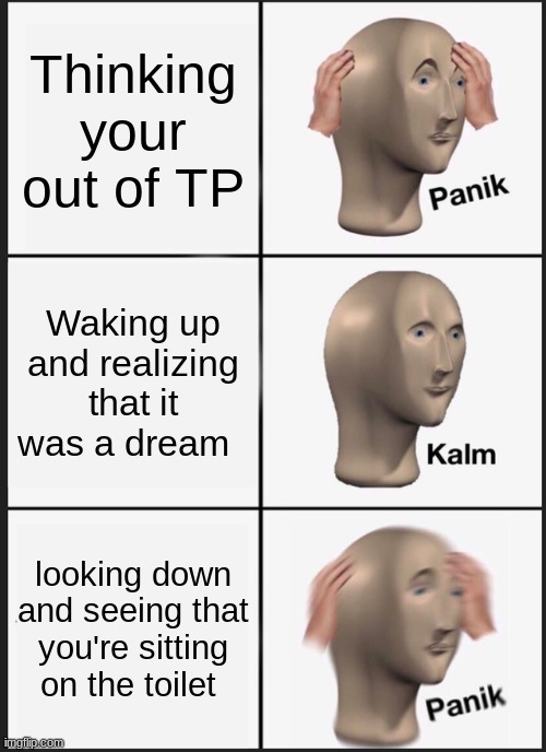 Panik Kalm Panik | Thinking your out of TP; Waking up and realizing that it was a dream; looking down and seeing that you're sitting on the toilet | image tagged in memes,panik kalm panik | made w/ Imgflip meme maker