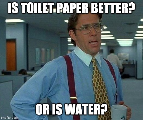 Take your pick | IS TOILET PAPER BETTER? OR IS WATER? | image tagged in memes,that would be great,i dont care | made w/ Imgflip meme maker