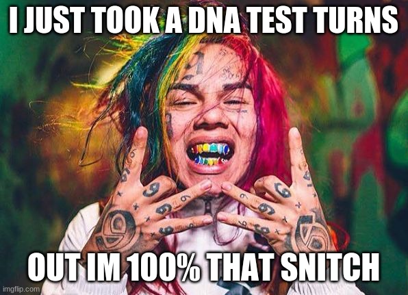 Free tekashi 6ix9ine | I JUST TOOK A DNA TEST TURNS OUT IM 100% THAT SNITCH | image tagged in free tekashi 6ix9ine | made w/ Imgflip meme maker