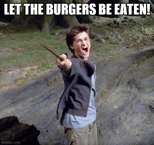 Harry potter | LET THE BURGERS BE EATEN! | image tagged in harry potter | made w/ Imgflip meme maker