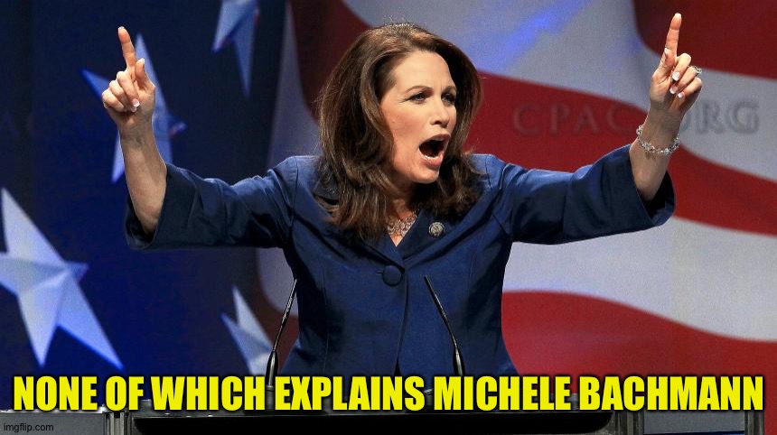 Representative Michele Bachmann - Bat Shit Crazy | NONE OF WHICH EXPLAINS MICHELE BACHMANN | image tagged in representative michele bachmann - bat shit crazy | made w/ Imgflip meme maker